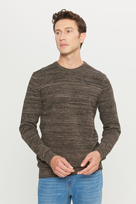 Standart Fit Normal Kesim Pamuklu Bisiklet Yaka Muline Desenli Kahve-Bej Kazak resmi