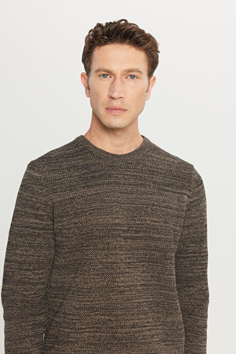 Standart Fit Normal Kesim Pamuklu Bisiklet Yaka Muline Desenli Kahve-Bej Kazak resmi