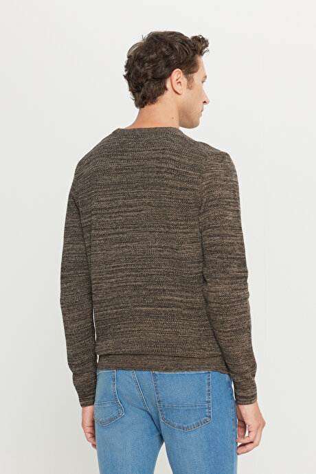 Standart Fit Normal Kesim Pamuklu Bisiklet Yaka Muline Desenli Kahve-Bej Kazak resmi