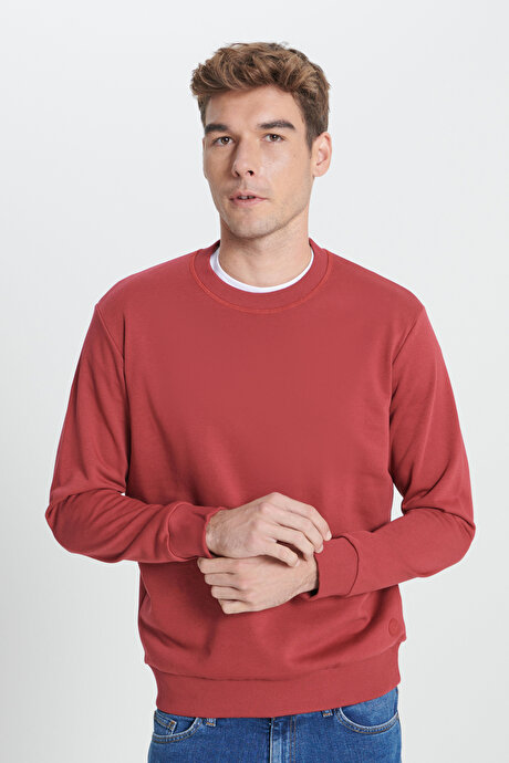 Standart Fit Normal Kesim Bisiklet Yaka Pamuklu Bordo Sweatshirt resmi