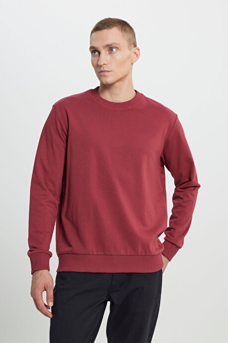 Standart Fit Normal Kesim Bisiklet Yaka Pamuklu Bordo Sweatshirt resmi