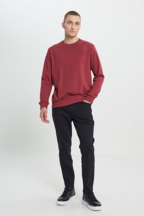 Standart Fit Normal Kesim Bisiklet Yaka Pamuklu Bordo Sweatshirt resmi