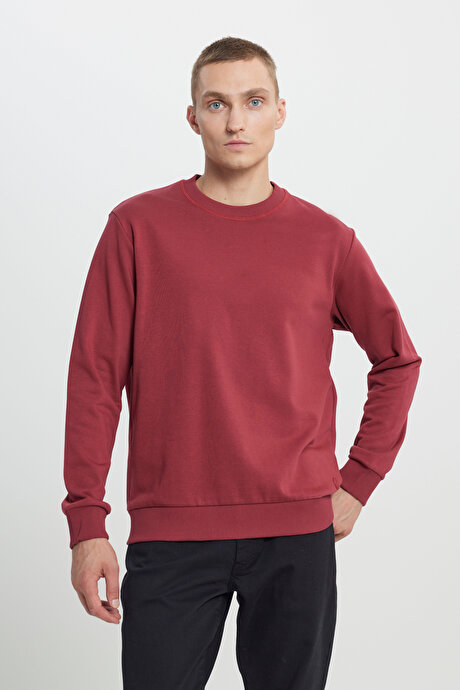 Standart Fit Normal Kesim Bisiklet Yaka Pamuklu Bordo Sweatshirt resmi