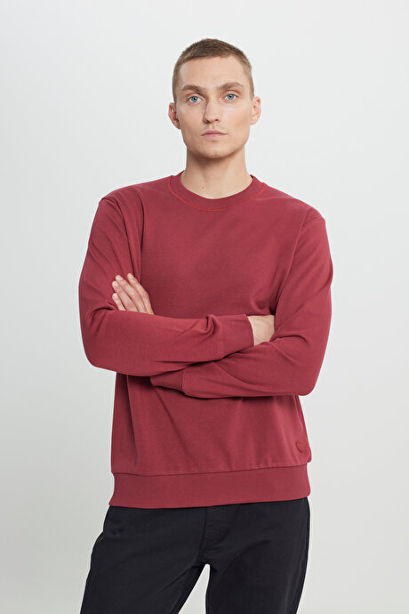 Standart Fit Normal Kesim Bisiklet Yaka Pamuklu Bordo Sweatshirt resmi