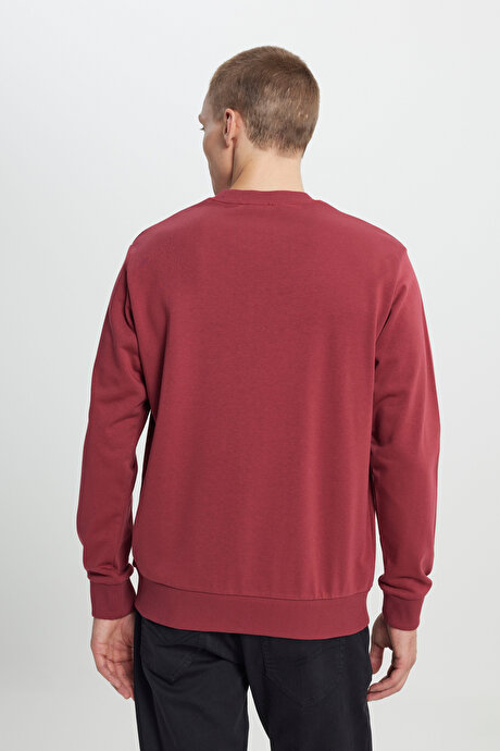 Standart Fit Normal Kesim Bisiklet Yaka Pamuklu Bordo Sweatshirt resmi