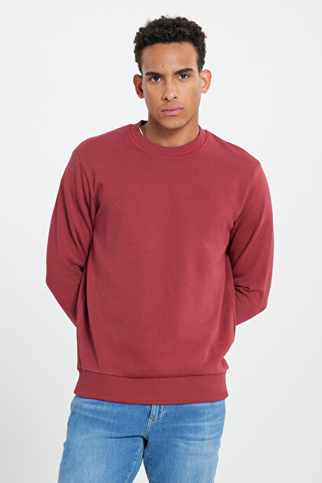 Standart Fit Normal Kesim Bisiklet Yaka Pamuklu Bordo Sweatshirt resmi