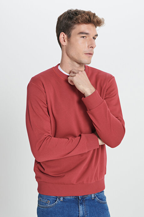 Standart Fit Normal Kesim Bisiklet Yaka Pamuklu Bordo Sweatshirt resmi