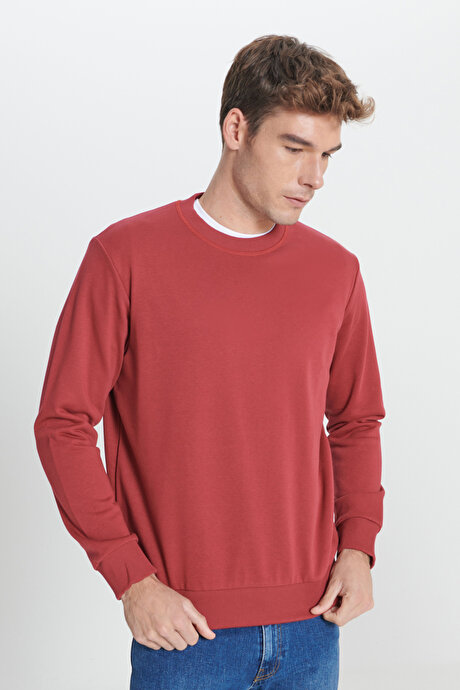 Standart Fit Normal Kesim Bisiklet Yaka Pamuklu Bordo Sweatshirt resmi