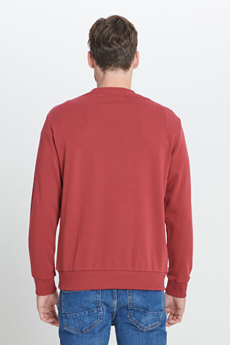 Standart Fit Normal Kesim Bisiklet Yaka Pamuklu Bordo Sweatshirt resmi