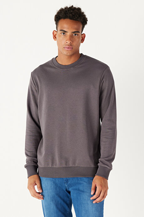 Standart Fit Normal Kesim Bisiklet Yaka Pamuklu Koyu Gri Sweatshirt resmi