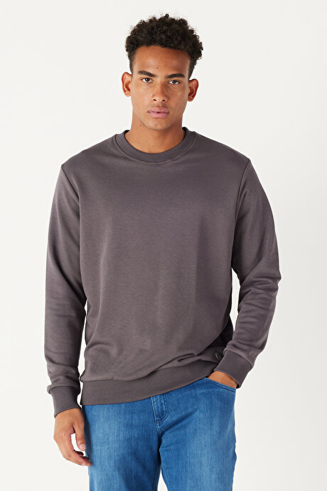 Standart Fit Normal Kesim Bisiklet Yaka Pamuklu Koyu Gri Sweatshirt resmi