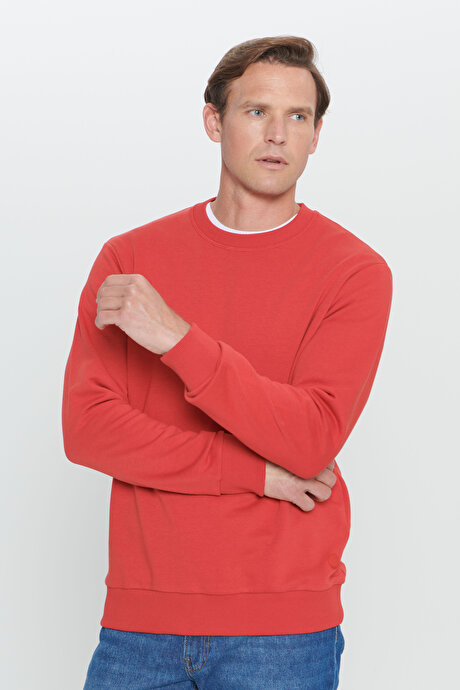 Standart Fit Normal Kesim Bisiklet Yaka Pamuklu Kırmızı Sweatshirt resmi