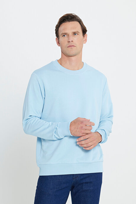 Standart Fit Normal Kesim Bisiklet Yaka Pamuklu Açık Mavi Sweatshirt resmi