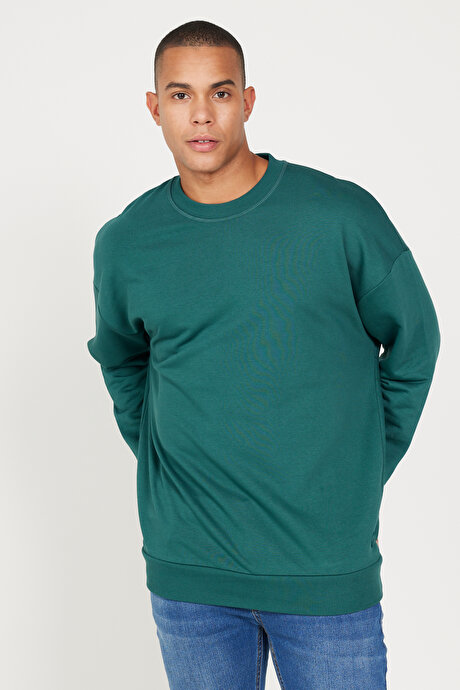 Oversize Bol Kesim 3 İplik Bisiklet Yaka Pamuklu Koyu Yeşil Sweatshirt resmi