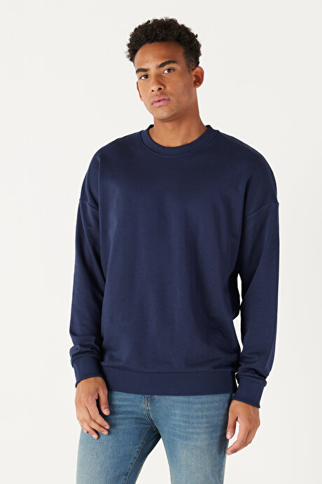 Oversize Bol Kesim Bisiklet Yaka Pamuklu Lacivert Sweatshirt resmi