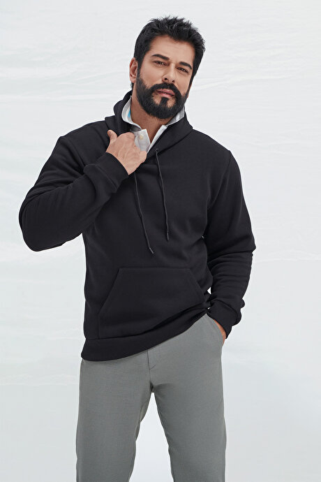 2'li Paket Standart Fit Normal Kesim Kapüşonlu Kanguru Cepli Beyaz-Siyah-Gri Sweatshirt resmi