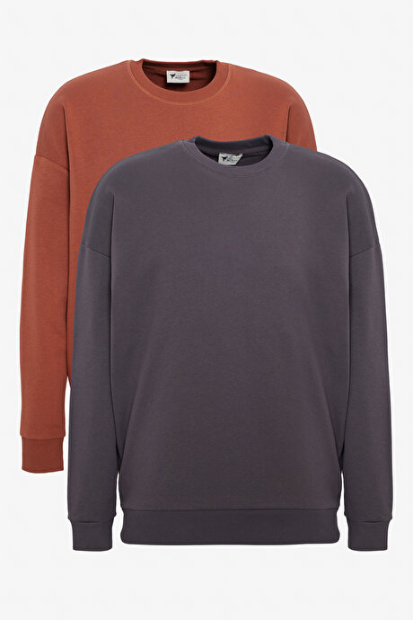 2'li Paket Pamuklu Oversize Bol Kesim Bisiklet Yaka KOYU GRI-ACIK KAHVE Sweatshirt resmi