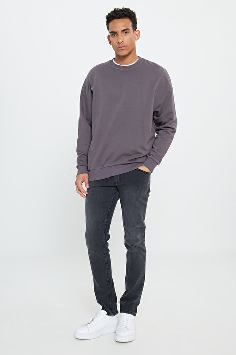 2'li Paket Pamuklu Oversize Bol Kesim Bisiklet Yaka KOYU GRI-ACIK KAHVE Sweatshirt resmi
