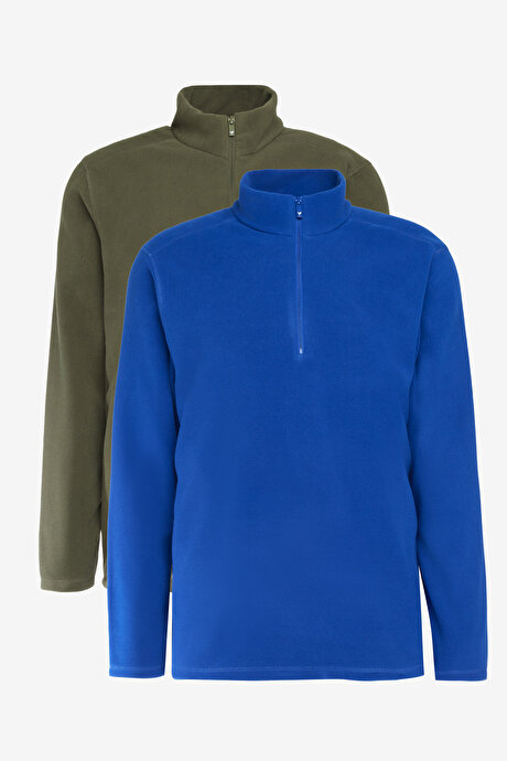 2'li Paket Anti-Pilling Tüylenme Yapmayan Standart Fit Bato Yaka Soğuk Geçirmez Sweatshirt SAKS-HAKI Polar resmi