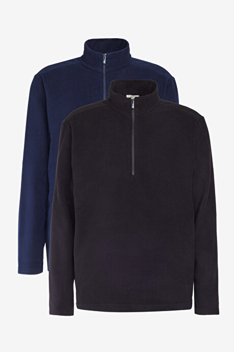 2'li Paket Anti-Pilling Tüylenme Yapmayan Standart Fit Bato Yaka Soğuk Geçirmez Sweatshirt Lacivert-Siyah PolarET52211P2016LSY