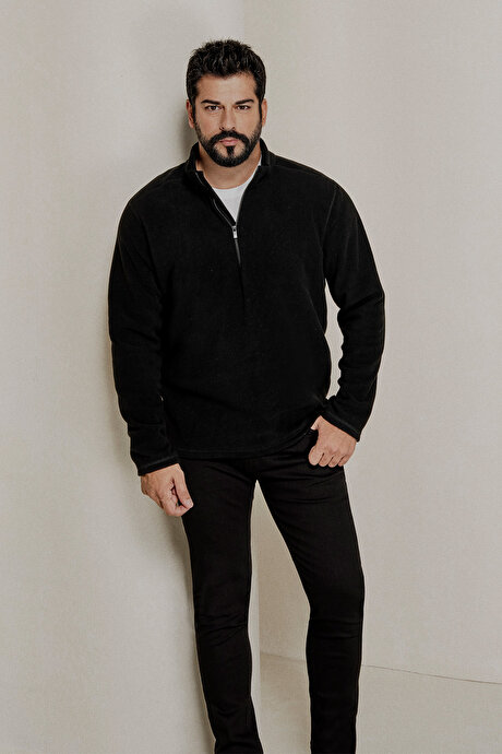 2'li Paket Anti-Pilling Tüylenme Yapmayan Standart Fit Bato Yaka Soğuk Geçirmez Sweatshirt Lacivert-Siyah Polar resmi