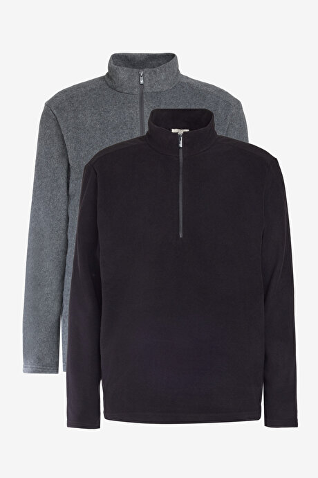 2'li Paket Anti-Pilling Tüylenme Yapmayan Standart Fit Bato Yaka Soğuk Geçirmez Sweatshirt Siyah-Açık Melanj Polar resmi