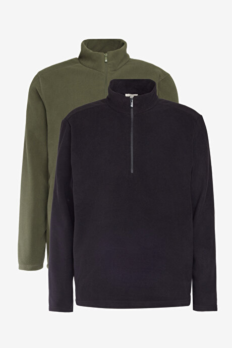 2'li Paket Anti-Pilling Tüylenme Yapmayan Standart Fit Bato Yaka Soğuk Geçirmez Sweatshirt Siyah-Haki Polar resmi