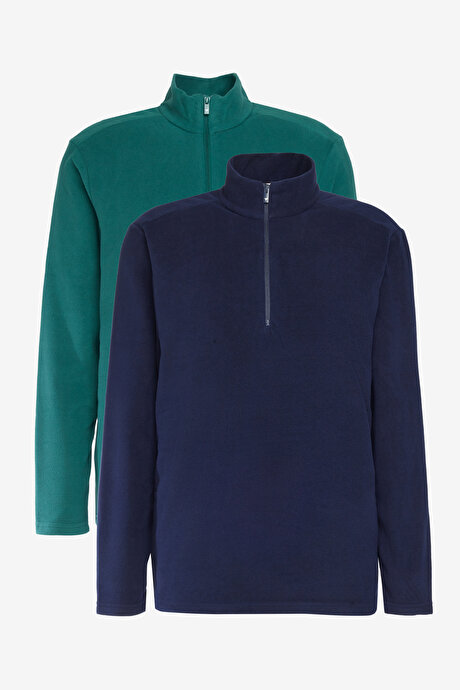 2'li Paket Anti-Pilling Tüylenme Yapmayan Standart Fit Bato Yaka Soğuk Geçirmez Sweatshirt Yeşil-Lacivert Polar resmi