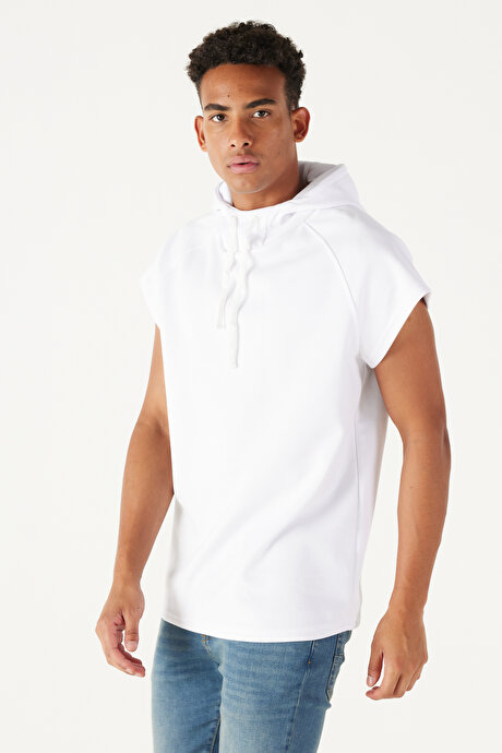 Long Fit Kapüşonlu Kolsuz Beyaz Sweatshirt resmi