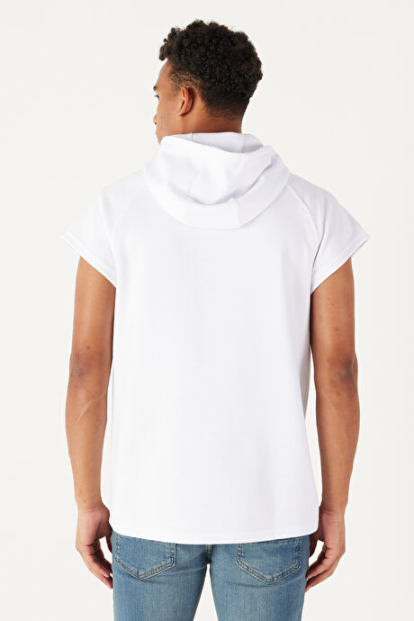 Long Fit Kapüşonlu Kolsuz Beyaz Sweatshirt resmi