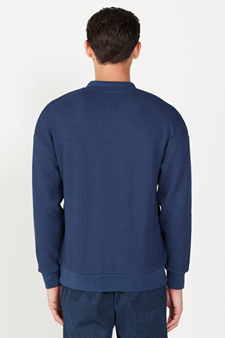 Loose Fit Polo Yaka Jakarlı Lacivert Sweatshirt resmi