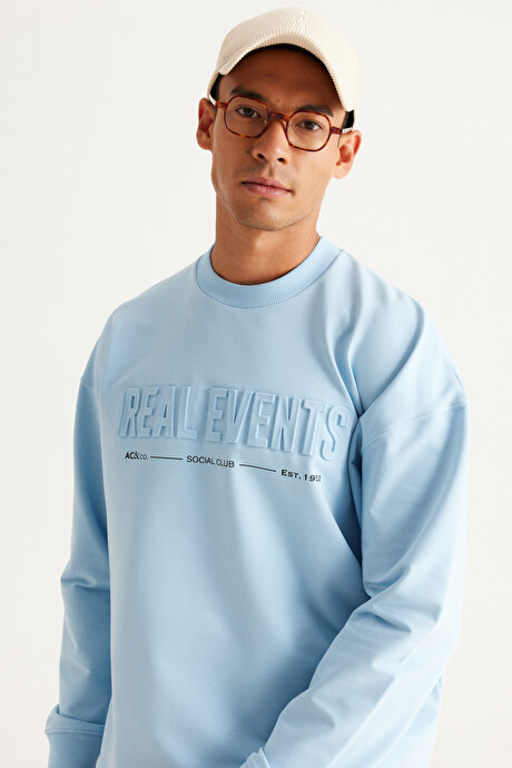 Oversize Bol Kesim Bisiklet Yaka Pamuklu Mavi Sweatshirt resmi
