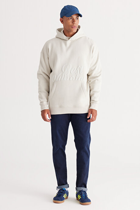 Oversize Fit Bol Kesim Kapüşonlu İçi Polarlı Baskılı Bej Sweatshirt resmi
