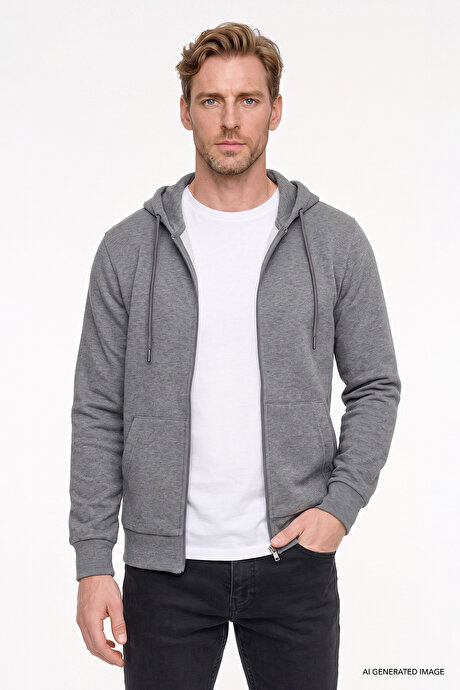 Standart Fit Normal Kesim İçi Polarlı 3 İplik Kapüşonlu Fermuarlı Antrasit-Melanj Sweatshirt Ceket resmi