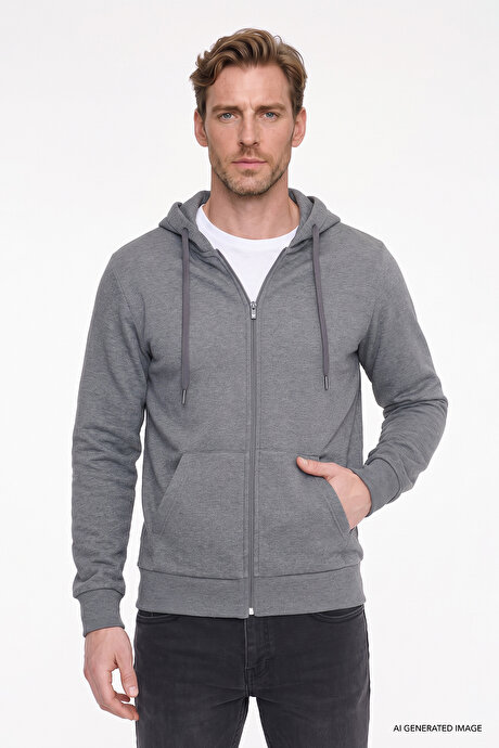 Standart Fit Normal Kesim İçi Polarlı 3 İplik Kapüşonlu Fermuarlı Antrasit-Melanj Sweatshirt Ceket resmi