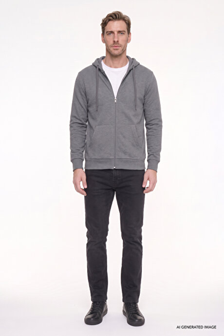 Standart Fit Normal Kesim İçi Polarlı 3 İplik Kapüşonlu Fermuarlı Antrasit-Melanj Sweatshirt Ceket resmi