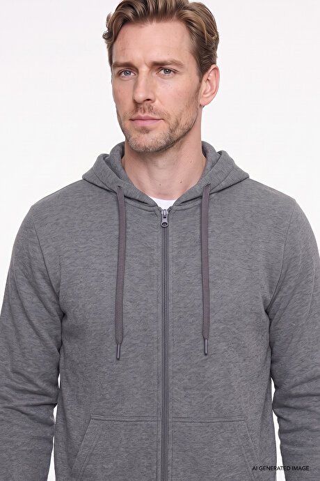 Standart Fit Normal Kesim İçi Polarlı 3 İplik Kapüşonlu Fermuarlı Antrasit-Melanj Sweatshirt Ceket resmi