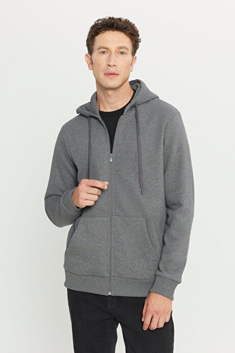 Standart Fit Normal Kesim İçi Polarlı 3 İplik Kapüşonlu Fermuarlı Antrasit-Melanj Sweatshirt Ceket resmi