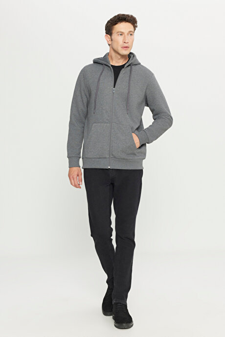Standart Fit Normal Kesim İçi Polarlı 3 İplik Kapüşonlu Fermuarlı Antrasit-Melanj Sweatshirt Ceket resmi