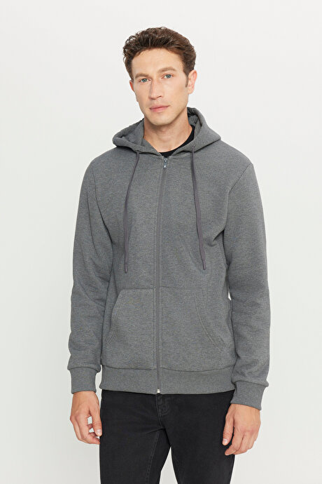 Standart Fit Normal Kesim İçi Polarlı 3 İplik Kapüşonlu Fermuarlı Antrasit-Melanj Sweatshirt Ceket resmi
