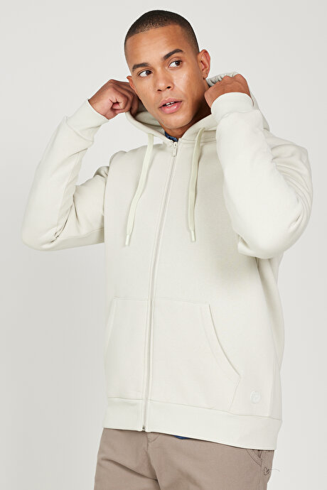 Standart Fit Normal Kesim İçi Polarlı 3 İplik Kapüşonlu Fermuarlı Bej Sweatshirt Ceket resmi