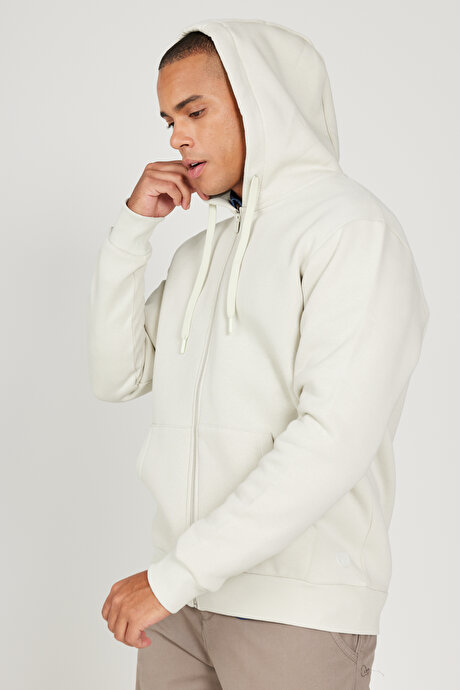 Standart Fit Normal Kesim İçi Polarlı 3 İplik Kapüşonlu Fermuarlı Bej Sweatshirt Ceket resmi