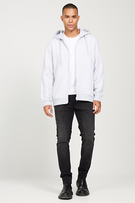 Standart Fit Normal Kesim İçi Polarlı 3 İplik Kapüşonlu Fermuarlı Kar Melanj Sweatshirt Ceket resmi