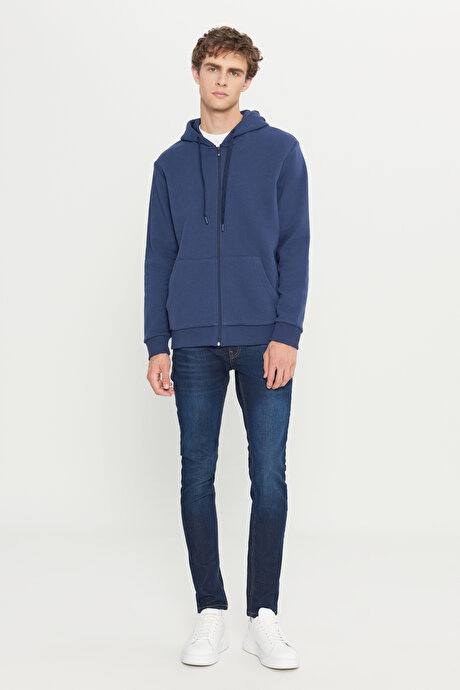 Standart Fit Normal Kesim İçi Polarlı 3 İplik Kapüşonlu Fermuarlı Lacivert Sweatshirt Ceket resmi