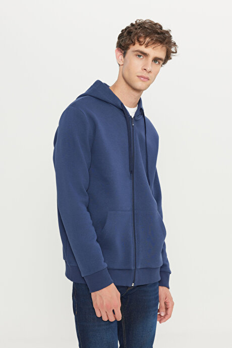 Standart Fit Normal Kesim İçi Polarlı 3 İplik Kapüşonlu Fermuarlı Lacivert Sweatshirt Ceket resmi