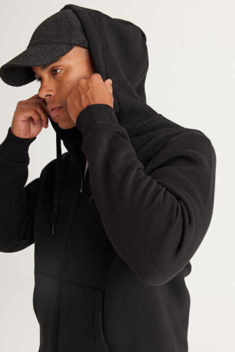Standart Fit Normal Kesim İçi Polarlı 3 İplik Kapüşonlu Fermuarlı Siyah Sweatshirt Ceket resmi