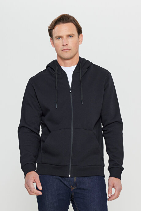 Standart Fit Normal Kesim İçi Polarlı 3 İplik Kapüşonlu Fermuarlı Siyah Sweatshirt Ceket resmi