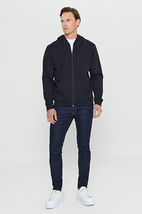 Standart Fit Normal Kesim İçi Polarlı 3 İplik Kapüşonlu Fermuarlı Siyah Sweatshirt Ceket resmi
