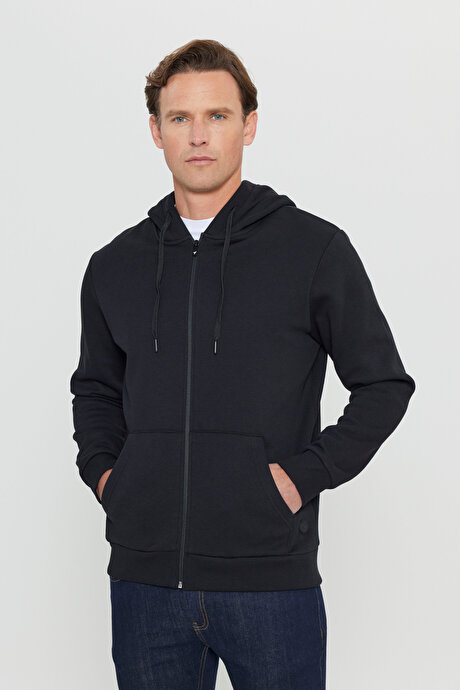 Standart Fit Normal Kesim İçi Polarlı 3 İplik Kapüşonlu Fermuarlı Siyah Sweatshirt Ceket resmi