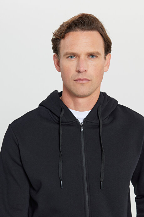 Standart Fit Normal Kesim İçi Polarlı 3 İplik Kapüşonlu Fermuarlı Siyah Sweatshirt Ceket resmi
